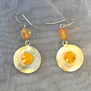 Vintage gold metal with orange tourmaline gem bling stone & bead earrings.